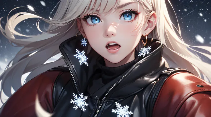 top-quality、Top image quality、​masterpiece、girl with((wrap a red scarf、Black Leather Sports Bra、black rollout jacket、Black leather skirt、sixteen years old、teen ager、cute little、Best Bust、big bast,Beautiful light blue eyes、Breasts wide open, a blond、A slend...