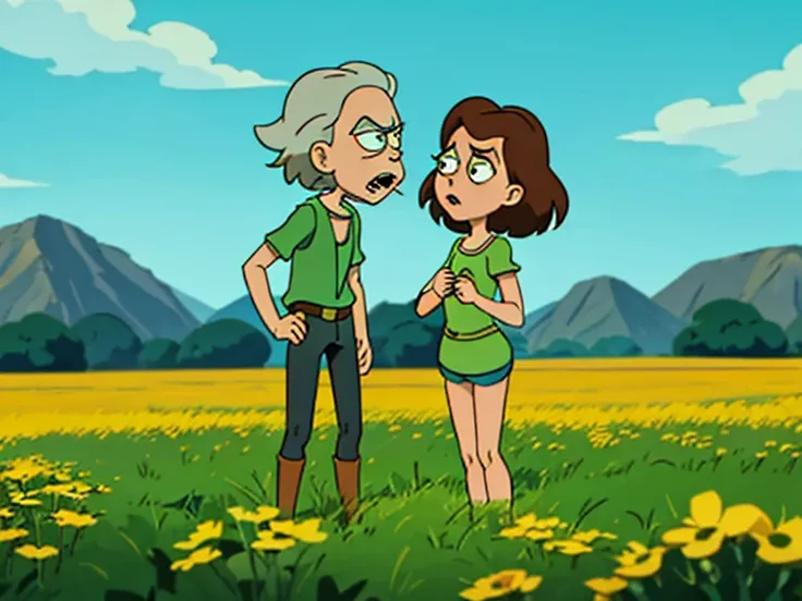 Rick and Morty kissing passionately standing in a windswept field on an alien planet. Drawn in the style of the cartoon series "Rick and Morty".