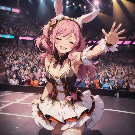 (((Anime style.1.4)))Rabbit-eared girl 　((closed eyes smile:1.2))　((Inside the live venue))((idol live:1.4))　((Idol Costumes:1.4))　Cute costumes　colorful light　((Reaching out:1))　((Wearing sweat))