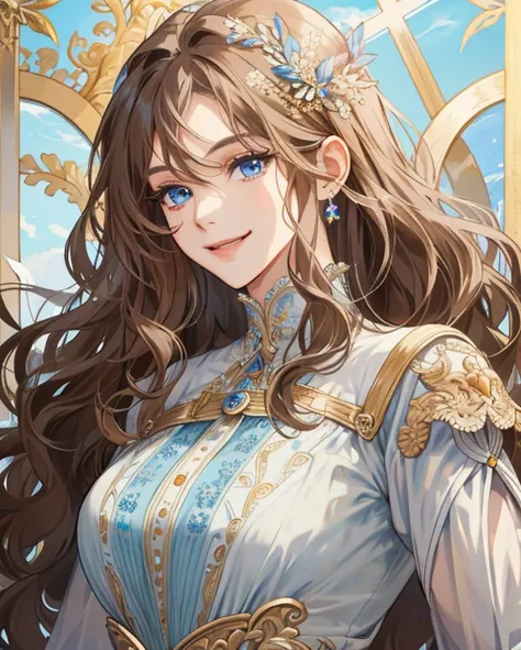 (extremely delicate and beautiful:1.2), 8k,(masterpiece:1.0),(best_quality:1.0), 1girl, mature woman, complex details, enlarged textures, complex details, finely detailed eyes and detailed face, intricate details, long brown wavy hair, smile face, perfect ...