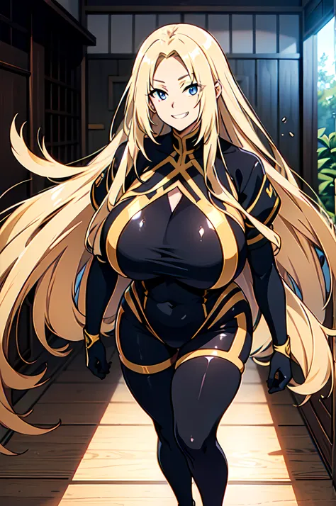 long blonde hair, japanese, (gigantic chest:1.2), tight clothing, (black leggings:1.2), big thighs, sadistic grin, half body, bi...