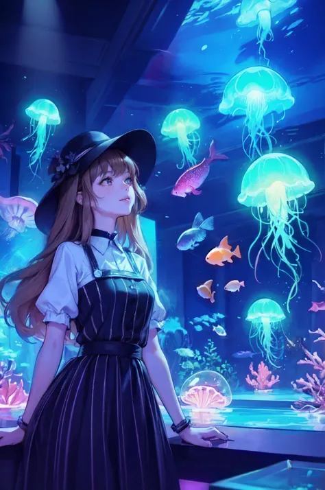 1lady solo, /(stylish outfit/), mature female, /(light brown hair/) bangs, light smile, (eyes sparkling with fascination), (masterpiece best quality:1.3) delicate illustration ultra-detailed BREAK (jellyfish glowing neon under the black light) BREAK (dimly...