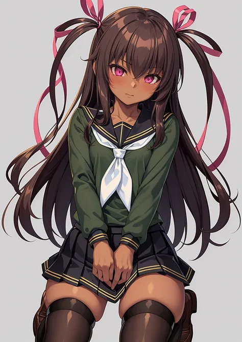 waruochi, 1girl, mizuki yukikaze, hair ribbon, dark skin, tan, small breast, simple background, solo, school uniform, green shirt, serafuku, white neckerchief, long sleeves, pleated skirt, black skirt, black thighhighs, loafers