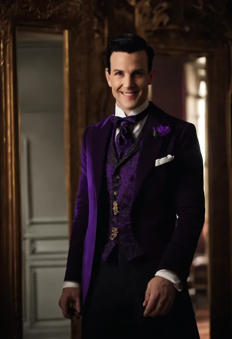 A photo of Oswald standing in front of a large, antique mirror, with a wicked grin on his face,Gotham,Oswald has spiky black hair, a long nose, and wears very fancy suits, favors the color purple. Famously portrayed by Robin Lord Taylor, male