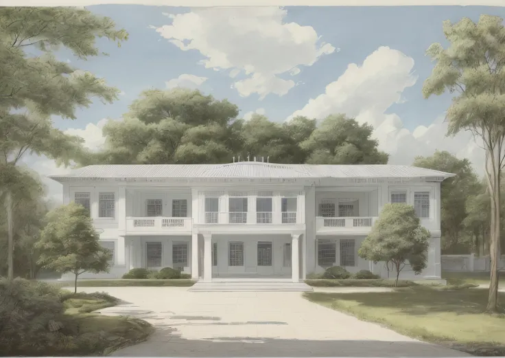 there is a drawing of a large white building with a blue roof, frontview, front elevation view, front perspective, front view dramatic, front view, front-view, elevation view, building facing, symmetrical front view, front elevation, a middle-shot from fro...