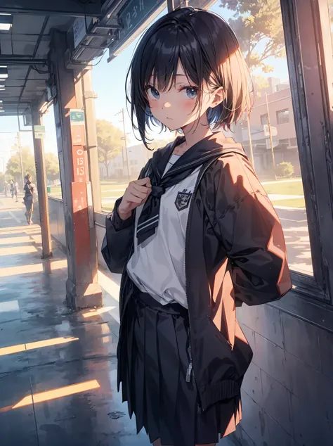 divine quality, anime moe art style,Best Anime 8K Konachan Wallpapers,Pixiv Contest Winner,Badass Anime 8K,Perfect Anatomy, (Draw a girl sleepily walking to school. ),BREAK, 1girl in, (Solo,Lori,child,13years:1.3),a junior high school student, Androgynous ...