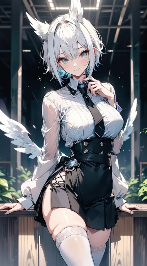 Anime style Moe picture White hair Curly hair Short hair Blue mesh Gray owl wings from the waist Wooden deck in the forest Old woman White jacket color Golden eyes Thighs thicker than the waist Black headband Model body type Cufflinks Black knee socks Blac...