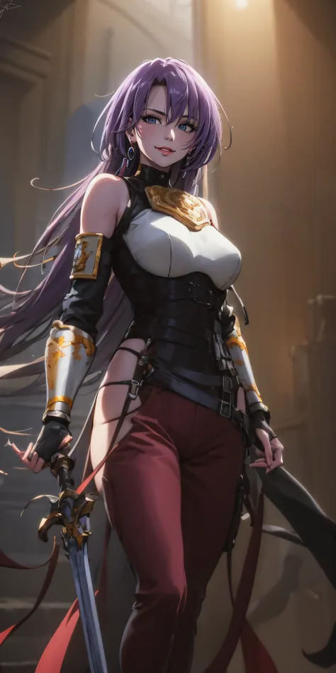 anatomically correct, best quality, masterpiece, high quality, high details, highres, HD, (shaded face:1.2), hollow eyes, purple eyes, looking at viewer, seductive smile, lips, purple hair, long hair, hip vent fingerless gloves bare shoulders belt red pant...