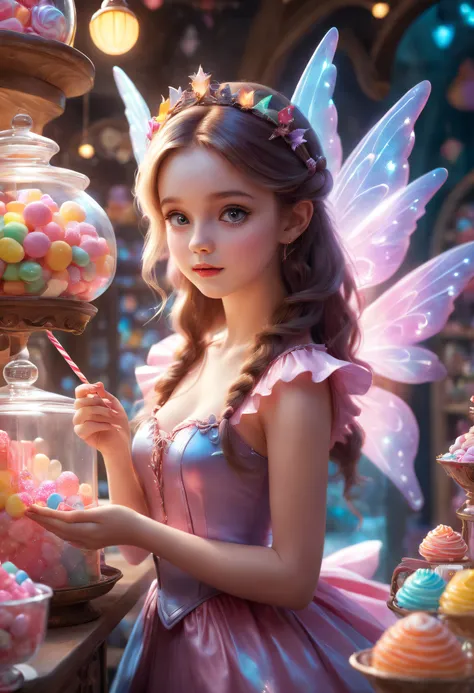 "beautiful candy girl, little fairies help her in a fairy candy shop , fantasy , mystic , realistic photography , high detail , ...