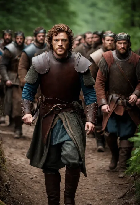 A photo of Robb leading a group of men in a rescue mission to save a stranded group of villagers in the northern forests.,Game of Thrones TV series,Robb Stark has curly auburn hair, blue eyes, and a neat beard. Famously portrayed by Richard Madden, male