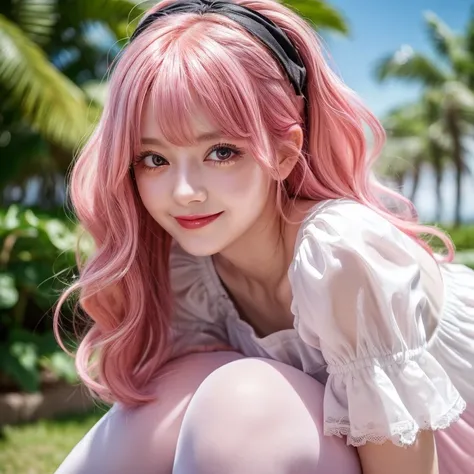 8k resolution, high-res, single, Big, Fair-skinned, s big eyes, long eyelashes, sweet silkworm, deep eyes, Lipstick, smile, ((pink hair)), messy hair, hair details, face detail, ((white blouse)), ((Black dress)), summer sun, natural, cute little animals, s...