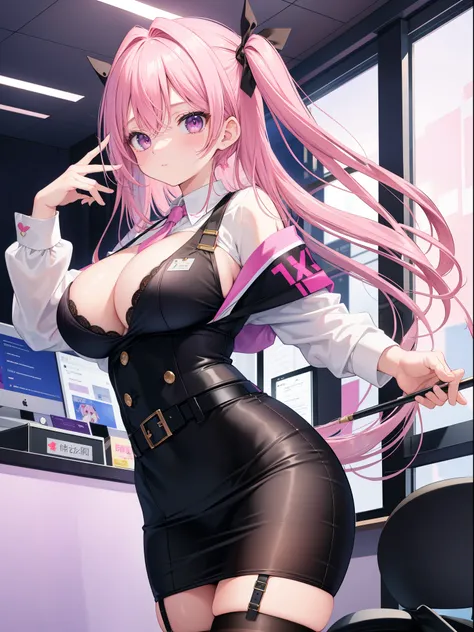 Best quality at best, tmasterpiece), 1个Giant Breast Girl, with pink hair, a purple eye, a garter belt, pencil skirts, Female office staff, Black bra, tiese, collared shir, leaning backward