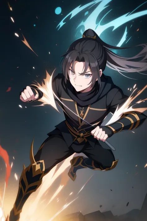 anime boy with black hair and black clothes,male people，long gray hair，gold eyes，high ponytails，gilgamesh, grand order of destin...