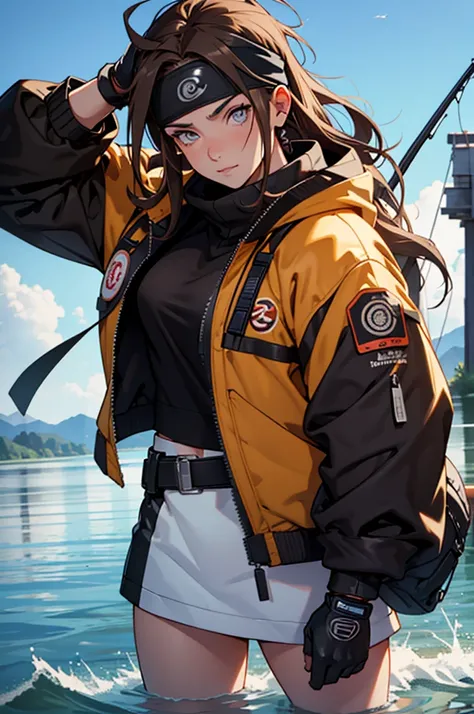 A European looking girl with messy straight brown hair, named Mira1, Handsomer, High quality picture, With Naruto headband With air symbol, wearing black jacket, 4K, at the river, both eyes clear, wearing gloves, holding a fishing-rod