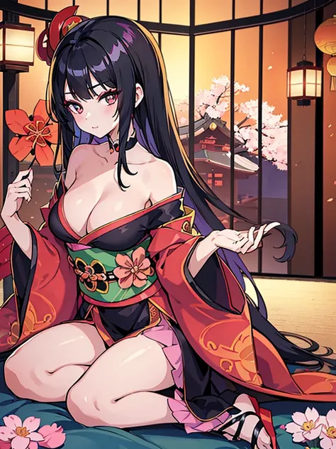 Masterpiece, best quality, extremely detailed, anime, black hair Oiran, brightly eyes, beautiful eyes, prostitute style makeup, off shoulder kimono that exposes nape and shoulders, tight kimono obi that emphasize the body shape, opened front kimono that ex...