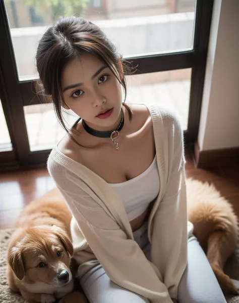 From above,A girl, sitting,dog Collar around neck, seducing expression, looking at viewer,dog outfit, masterpiece, best quality, Highres, highly detailed, natural lighting, overcast, desaturated, Photoshop,35mm,1/90,iso 180