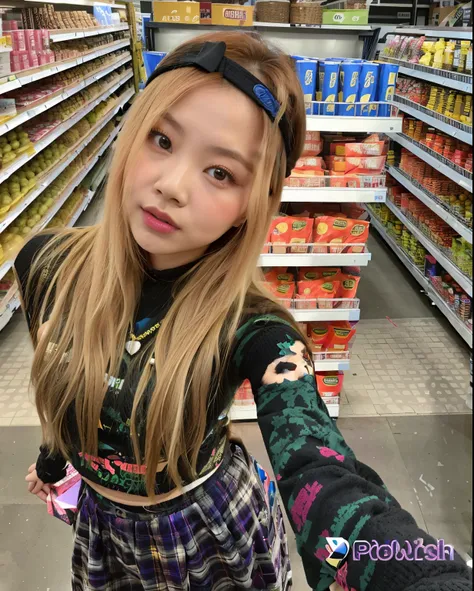 An arav woman in a store wearing a headband takes a selfie., roseanne park of blackpink, jossi of blackpink, tzuyu from twice, lalisa manobal, portrait of jossi of blackpink, lalisa manoban of blackpink, Stand in the supermarket, ulzzang, 8.9, very very lo...