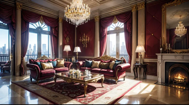 The spacious living room is adorned with opulent furnishings, including plush velvet sofas in rich jewel tones, gold-trimmed coffee tables, and an extravagant crystal chandelier hanging from the high ceiling. Floor-to-ceiling windows offer a panoramic view...