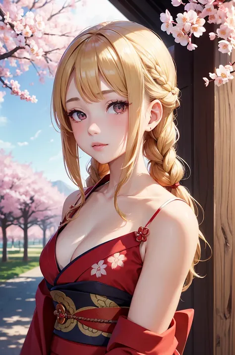 (masterpiece, high quality) (1 girl wearing red kimono), blonde braided hair, ((exposed shoulders)), intricate details, beautiful face, beautiful eyes, looking at viewer, outdoors, cherry blossoms, beautiful sky