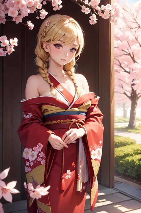 (masterpiece, high quality) (1 girl wearing red kimono), blonde braided hair, ((exposed shoulders)), intricate details, beautiful face, beautiful eyes, looking at viewer, outdoors, cherry blossoms, beautiful sky