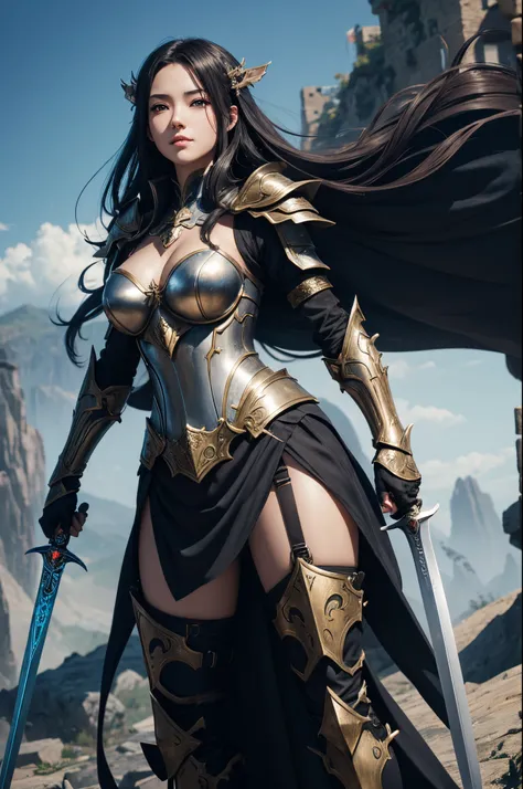 8K、Arafed woman in armor posing for photo with sword and armor、2。5 d cgi anime fantasy artwork、Fanart Meilleure ArtStation、Detailed Digital Anime Art、detailed fantasy art、8k fantasy art、digital fantasy art)、wlop rossdraws、artstation chengwei bread、armor gi...