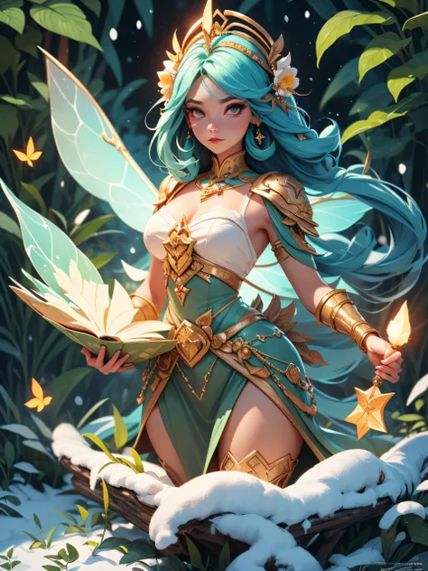 Fantastic snow and ice jungle，Many scattered crystal trees、Accessories、Shine in the center，Beautiful transparent flower fairy, Transparent colorful wings, The wand flutters in the wind､The wand flashed with starlight，Golden wand，transparent feathers，fancif...