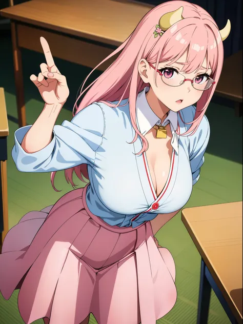 tmasterpiece, Best quality at best, ultra - detailed, hyper realisitc, photore),delicate patterns, detailedbackground, completely uncensored, cow boy shot, japanaese girl, ‎Classroom, 校服, Loose collar, a skirt, Look at the glasses, hair between eye, Pink h...