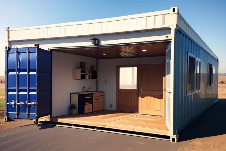 container house that folds by the side. The entrance is in front and it has a small window. 40ft wide container. cozy container, well equipped with aplliances.