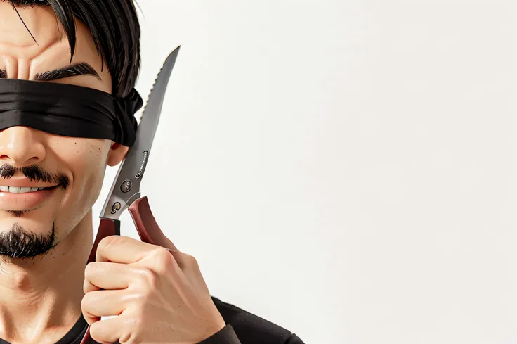 Asian man smiling in black t-shirt with blindfold and holding scissors, segurando tesoura, tesoura aberta, tesoura cortando faixa,foto de retrato, segurando uma faca, premiados, Por Joseph Binder, scissors in hand, Tesoura, hand holding a knife, menacingly...