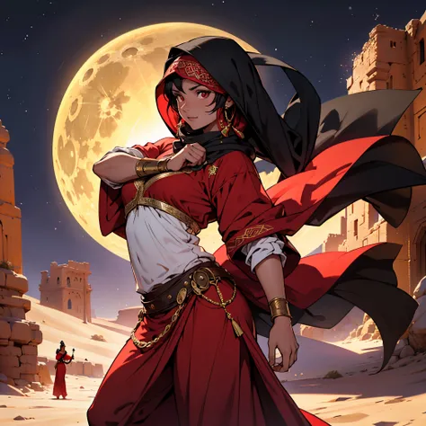 action, Best Quality, 4k, Very detailed, Background with: Oasis under the crescent moon in the desert night, Moroccan middle-aged female warrior wearing Islamic clothes(1 person) Very detailed, I dance in red clothes and a red veil., red pupil, Fantasy, Th...