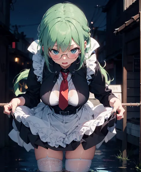 Anime character wearing a maid outfit with glasses and a red tie, Pee is flowing from my inner thighs, pale green hair, White underwear, Gainax anime style, anime maid ss military, anime moe art style, 
a female anime character, Moe, Shame face, Garta Belt...