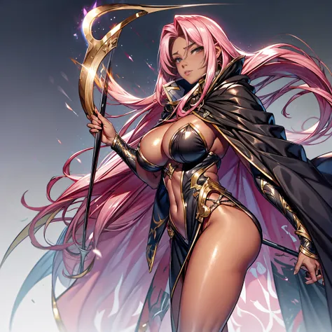 half bust，There is a black cloak，Pink Long Hair，bronze skin，Handsome and tall，big boobs and big ass，4K分辨率