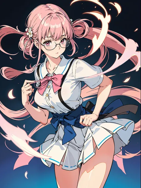 tmasterpiece, Best quality at best, ultra - detailed, hyper realisitc, photore),delicate patterns, detailedbackground, completely uncensored, cow boy shot, japanaese girl, ‎Classroom, 校服, Loose collar, a skirt, Look at the glasses, hair between eye, Pink h...