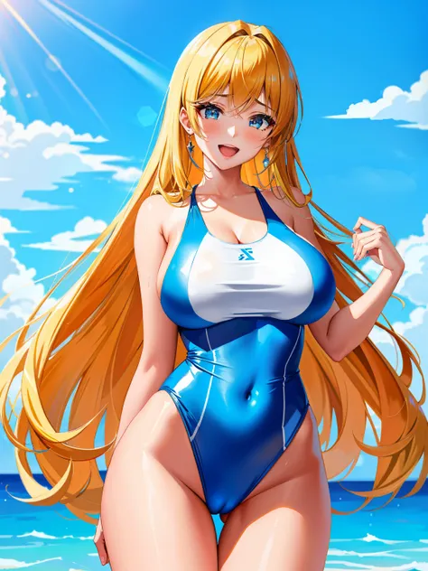 an anime girl、beautiful a girl、Cute little girl s、middle school girl、solo、girl wearing a swimsuit、very long blonde girl、rating:safe、onepiece swimsuit、 Anime girl wearing a light blue and yellow tank suit、 Light blue and yellow high-leg racing swimwear、Two-...