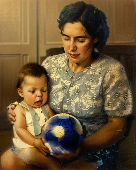 old pencil illustration of a mother with a sad face who is sitting with a crying baby on her lap. He is holding a colored ball. background of an old-style room. Ilustration in vintage style. realistic.