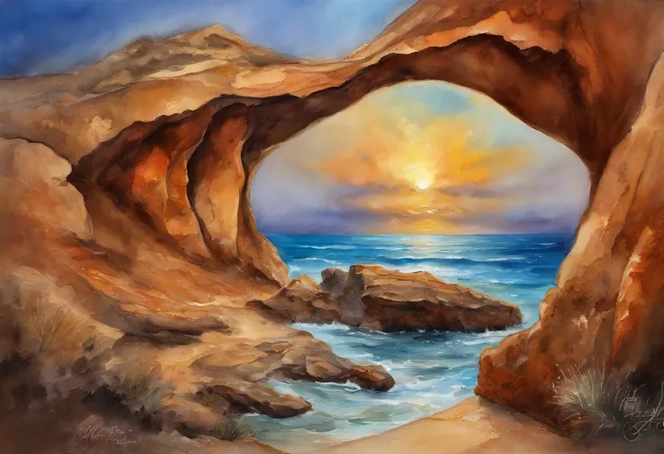 the sea，In the ocean，View of rock formation with hole in middle, rock arch, rock arc, View through the portal, wide angle landscape photography, rock formations, in a large desert cave, A world that can only be seen through a portal, looking out at a sunse...