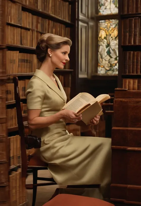 A candid shot of Vivian skillfully arranging a display of classic literature novels, with a mischievous glint in her eye and a playful smirk on her lips.,original,Vivian Hawthorne, the master librarian at the New York City Public Library, is a picture of e...