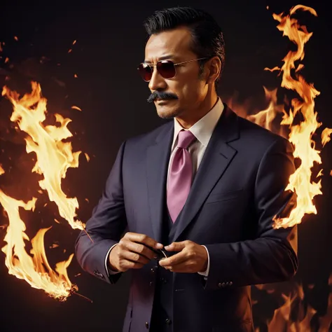 55 years old，hidetoshi nakata ，（kogoro mouri 1.3), a man in a suit, necktie, ray ban sunglasses, tong, mustache，little beard，wiz...