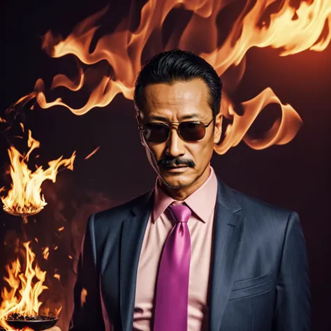 55 years old，hidetoshi nakata ，（kogoro mouri 1.3), a man in a suit, necktie, ray ban sunglasses, tong, mustache，little beard，wiz...