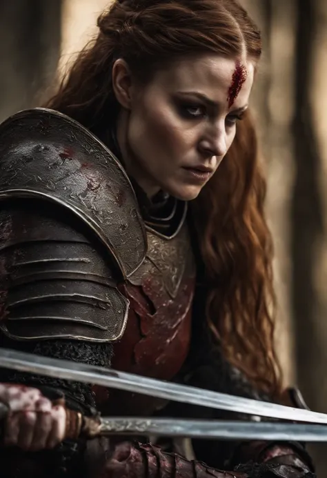 A close-up of the zombie knight meticulously cleaning the blood off her sword, with an intense focus in her eyes.,Game of Thrones TV series,7 feet tall, dead skin, red eyes. the mountain, gregor clegane from game of thrones, male