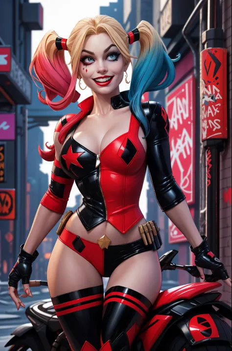 A sexy Harley Quinn from DC Comics. High-resolution artwork, vivid colors, and sharp focus. Extremely detailed face with beautiful eyes, detailed lips, and long eyelashes. Emphasize her mischievous grin and playful expression. She is wearing her iconic red...