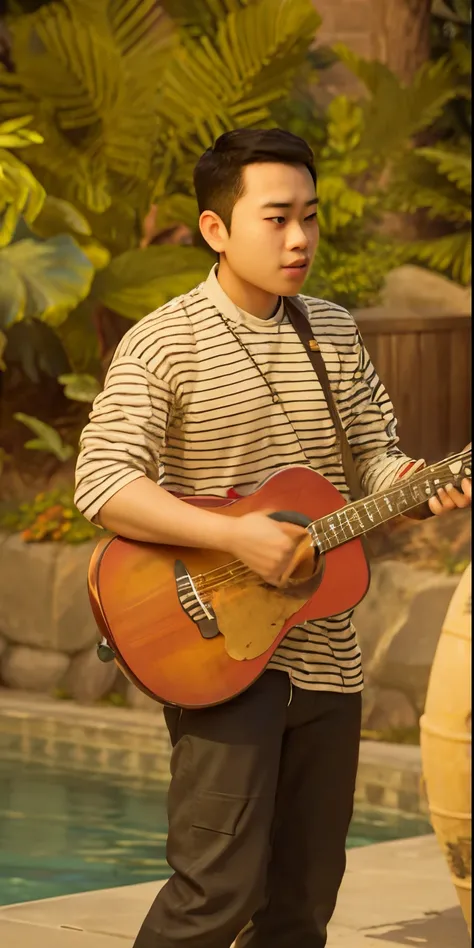 they are playing guitar by the pool in the backyard, guitarist, playing guitar, playing the guitar, playing a guitar, playing guitars, performing on stage, holding a guitar, ramil sunga, playing guitar onstage, candid photo, guitar solo, man playing guitar...