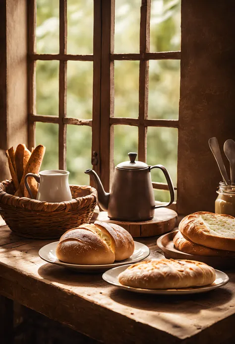 Professional studio photography of a rustic Brazilian kitchen scene, banhado pela luz natural da janela. Features include a freshly baked Italian bread and a steaming cup of coffee, with an emphasis on professional color grading to enhance warmth, atmosfer...