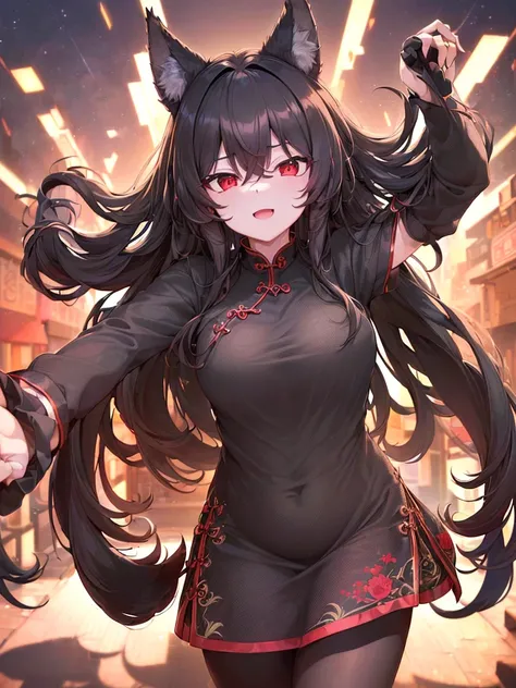 (((top-quality，hight resolution，in 8K，Super masterpiece，Best Quality)))，(Black long-haired:1.3)，(Red Eyes:1.2)，(Wolf ears:1.4)，(Black cheongsam:1.3)，Plump milk，wink