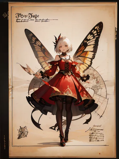 masterpiece, forgotten_pages a drawing of a girl with red butterfly wings, beautiful, pretty,red dress, flying in the sky, gem, ...