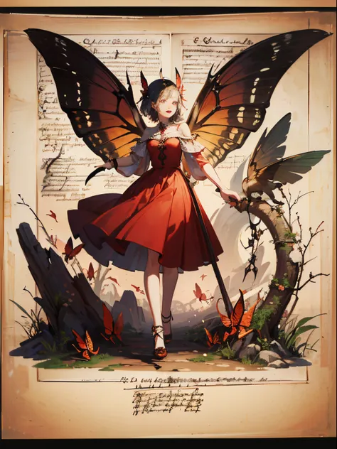 masterpiece, forgotten_pages a drawing of a girl with red butterfly wings, beautiful, pretty,red dress, flying in the sky, gem, ...