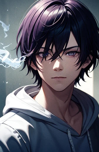 a lone man with short purple hair, sharp eye , silver color eyes,wearing white hoodie ,blue aura, with a background seeing half body,light particles,a ,Best quality,Extreme Resolution,hold cigarette in hand, ,soft lighting, volumetric lighting, intricate d...