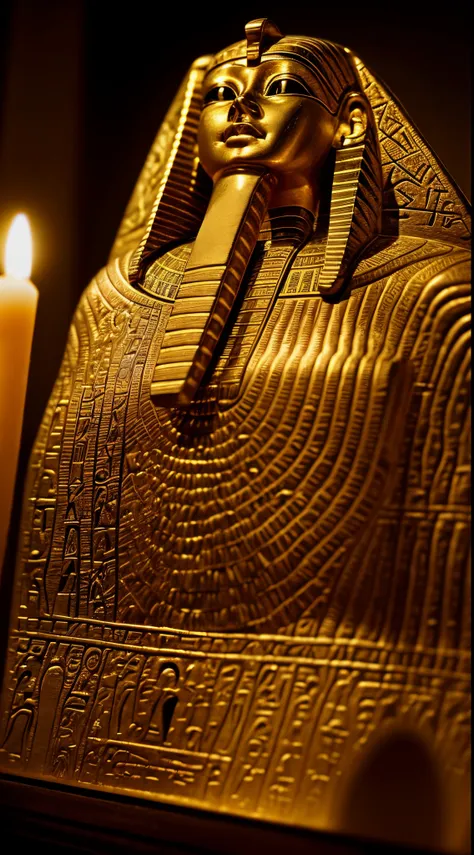 A majestic hoard of noble gold treasures, including intricately crafted artifacts, ornate jewelry, and precious gems. A grand Egyptian chamber adorned with hieroglyphics, columns, and symbols of ancient royalty. The treasures are meticulously arranged, sho...