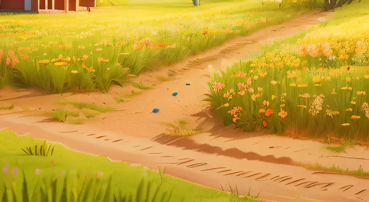 Pixar, 3d animation, 3d render, a farm in the countryside, afternoon daylight with long shadow, A field of yellow wheat, There is green grass growing in the bed of the wheat field and beneath of wheats, (cartoonish dirt road cuts through the field:1.3), a ...