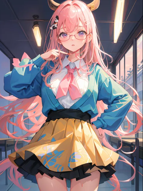 tmasterpiece, Best quality at best, ultra - detailed, hyper realisitc, photore),delicate patterns, detailedbackground, completely uncensored, cow boy shot, japanaese girl, ‎Classroom, 校服, Loose collar, a skirt, Look at the glasses, hair between eye, Pink h...